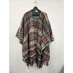La Luz Poncho Cape Womens One Size Multicolor Wool Plaid Fringe‎ Knit Mexico
